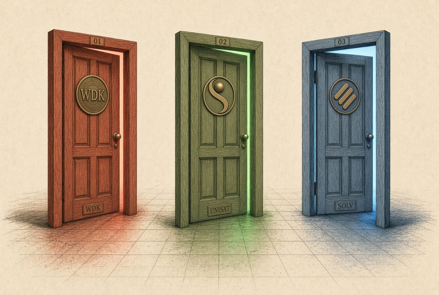 Three engraved doors - WDK, UniSat and Solv - each standing ajar with light spilling out